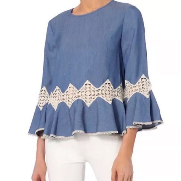 Jonathan Simkhai Chambray Bell Sleeve Lace Top Blouse Size XS - Picture 1 of 11